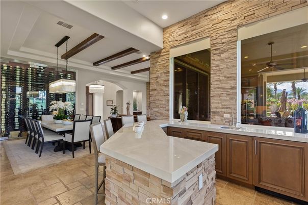 Dining room, Interior, Pendant Lights, Recessed Lighting, Stone Walls, Wooden Beams