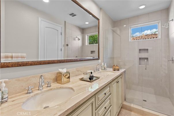 Bathroom, Dual Sink Vanities, Glass Shower, Interior, Recessed Lighting