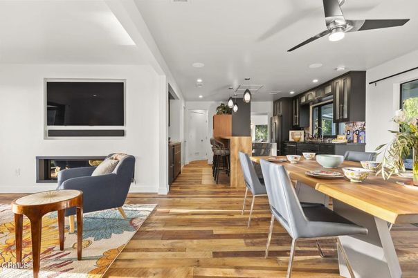 Dining room, Fireplace, Interior, Kitchen, Recessed Lighting, Wood Texture Flooring