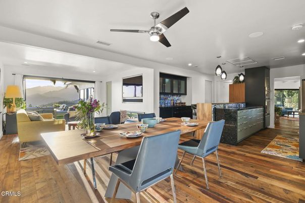 Dining room, Interior, Kitchen, Living room, Recessed Lighting, Wood Texture Flooring