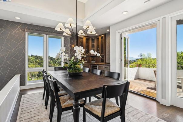 Chandelier, Dining room, Interior, Recessed Lighting, Wood Texture Flooring