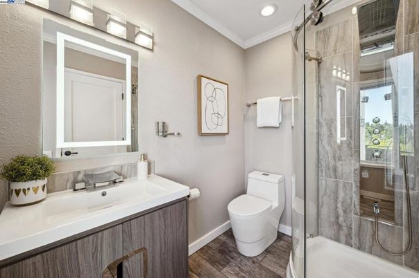 Bathroom, Glass Shower, Interior, Recessed Lighting, Wood Texture Flooring