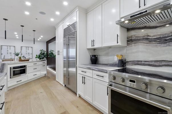 Interior, Kitchen, Pendant Lights, Recessed Lighting, Stainless Steel Appliances, Wood Texture Flooring