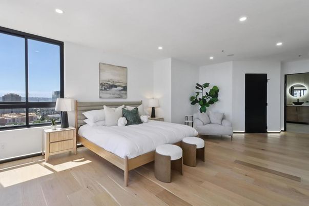 Bedroom, Interior, Recessed Lighting, Wood Texture Flooring