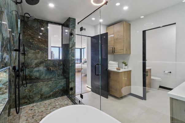 Bathroom, Glass Shower, Interior, Recessed Lighting