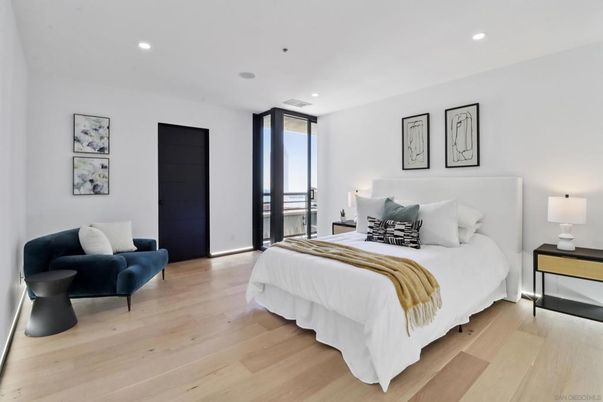 Bedroom, Interior, Recessed Lighting, Wood Texture Flooring