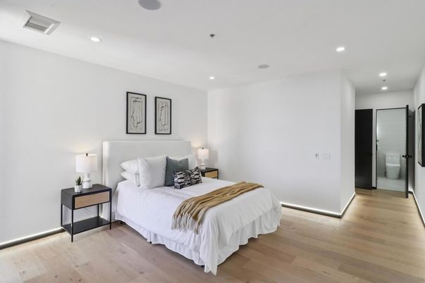 Bedroom, Interior, Recessed Lighting, Wood Texture Flooring