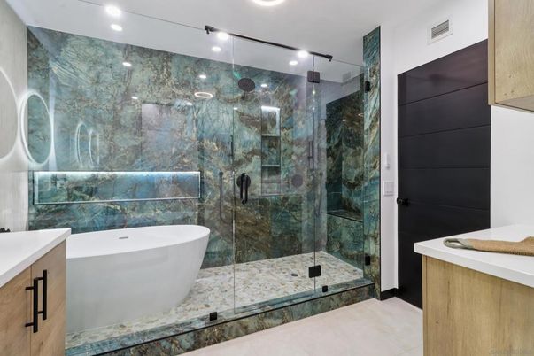 Bathroom, Free Standing Baths, Glass Shower, Interior, Marble Walls, Recessed Lighting