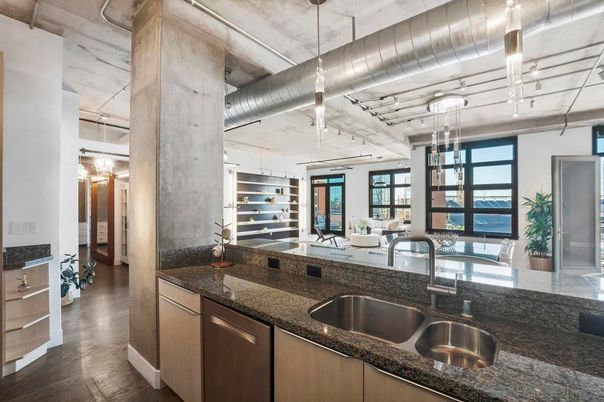 Interior, Kitchen, Pendant Lights, Water, Wood Texture Flooring