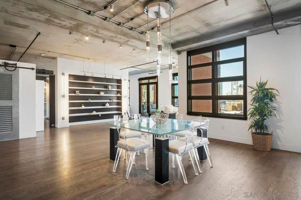 Dining room, Interior, Pendant Lights, Wood Texture Flooring