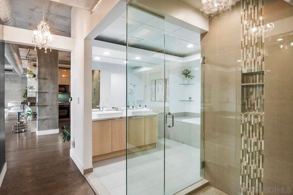 Bathroom, Chandelier, Glass Shower, Interior, Recessed Lighting, Wood Texture Flooring
