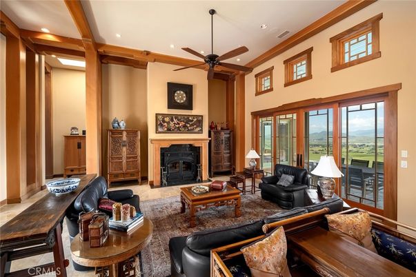 Fireplace, Interior, Living room, Recessed Lighting, Wooden Beams