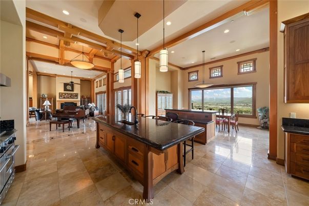 Dining room, Interior, Kitchen, Living room, Pendant Lights, Piano, Recessed Lighting, Wooden Beams