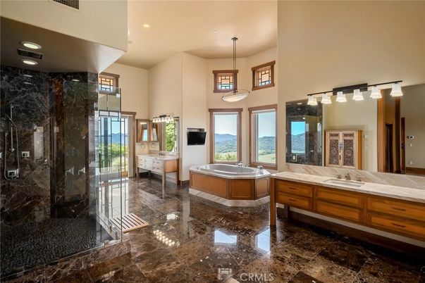 Bathroom, Dual Sink Vanities, Glass Shower, Interior, Pendant Lights, Recessed Lighting