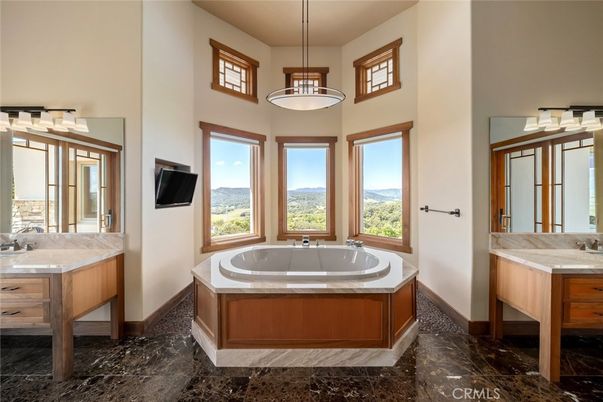Bathroom, Dual Sink Vanities, Interior, Marble, Pendant Lights
