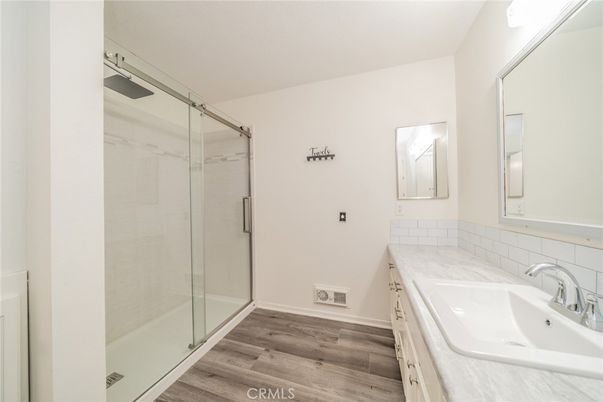 Bathroom, Glass Shower, Interior, Wood Texture Flooring