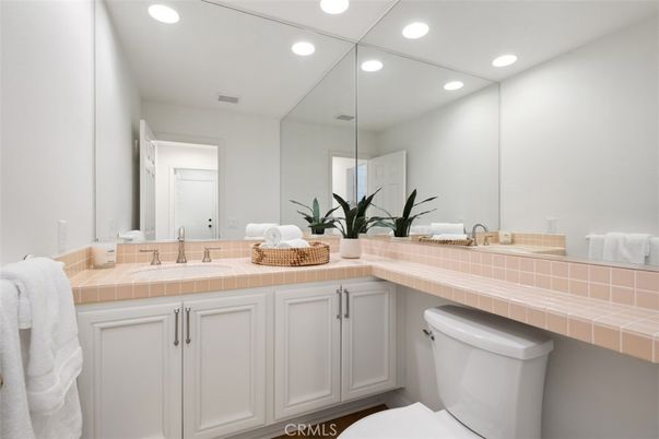 Bathroom, Interior, Recessed Lighting, Tile Countertops, Wood Texture Flooring