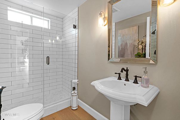 Bathroom, Glass Shower, Interior, Wood Texture Flooring