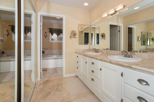Bathroom, Dual Sink Vanities, Glass Shower, Interior, Recessed Lighting, Tile Countertops