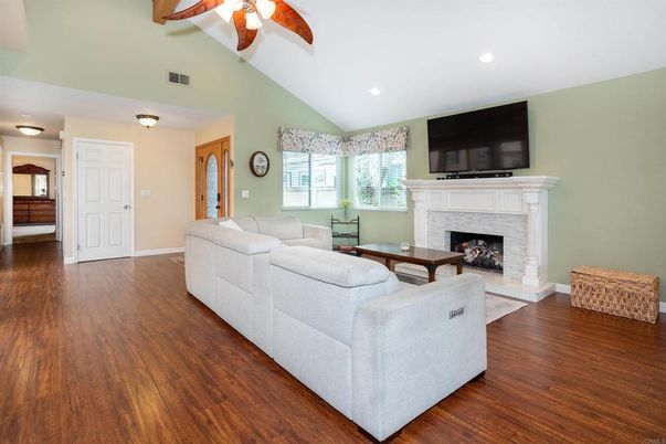 Fireplace, Interior, Living room, Recessed Lighting, Wood Texture Flooring
