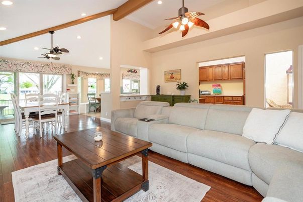 Dining room, Interior, Living room, Recessed Lighting, Wooden Beams, Wood Texture Flooring