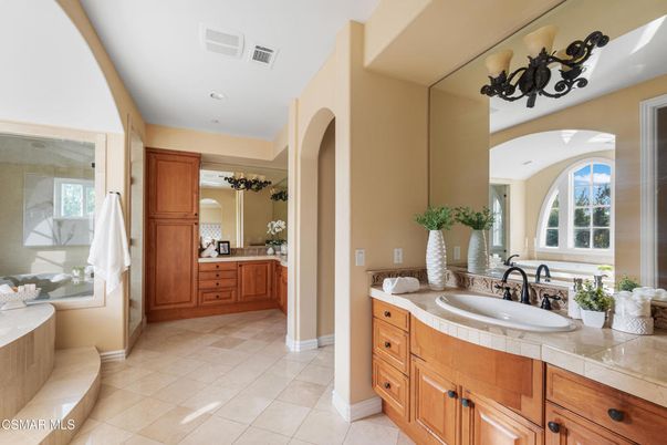 Bathroom, Dual Sink Vanities, Interior, Recessed Lighting, Tile Countertops