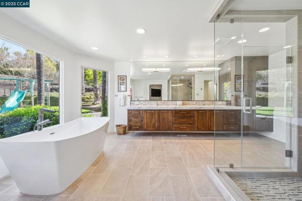 Bathroom, Dual Sink Vanities, Free Standing Baths, Glass Shower, Interior, Recessed Lighting