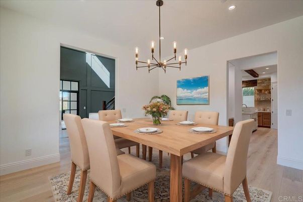Dining room, Interior, Pendant Lights, Recessed Lighting, Wood Texture Flooring