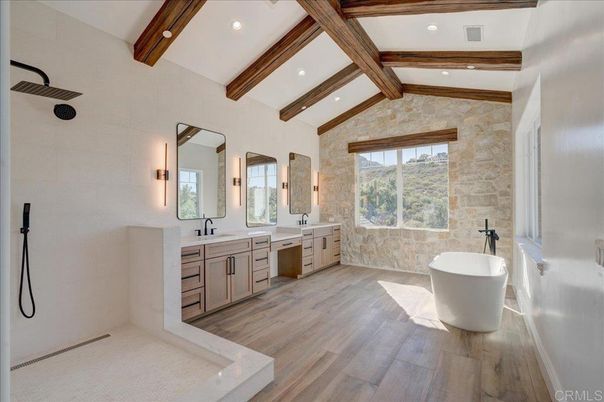 Bathroom, Dual Sink Vanities, Free Standing Baths, Interior, Recessed Lighting, Wooden Beams, Wood Texture Flooring