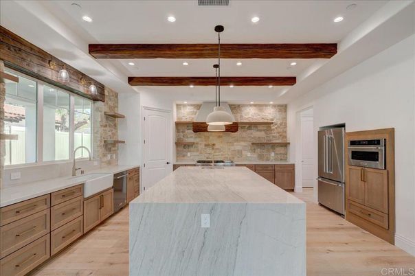 Interior, Kitchen, Pendant Lights, Recessed Lighting, Stainless Steel Appliances, Wooden Beams, Wood Texture Flooring