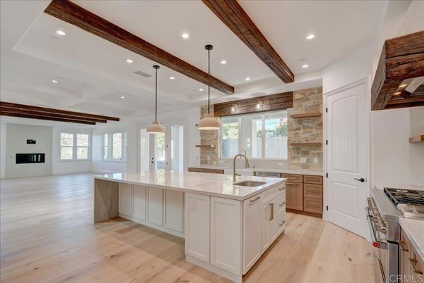 Interior, Kitchen, Pendant Lights, Recessed Lighting, Stainless Steel Appliances, Wooden Beams, Wood Texture Flooring