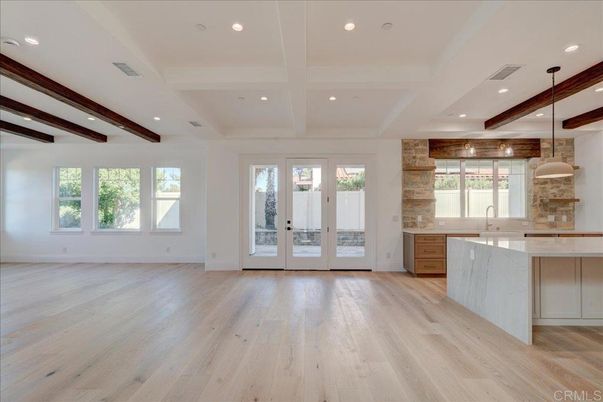Empty room, Interior, Kitchen, Pendant Lights, Recessed Lighting, Wooden Beams, Wood Texture Flooring