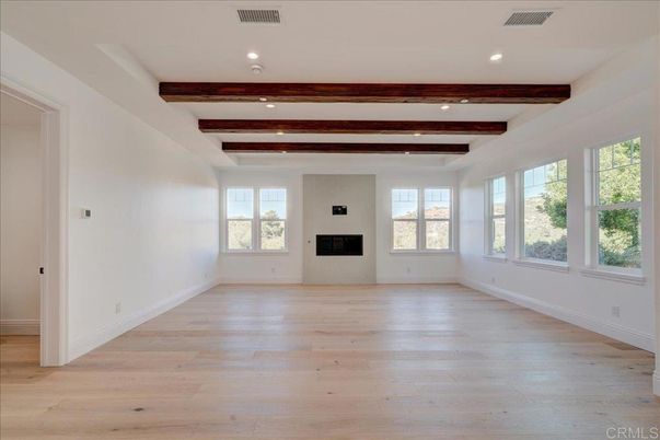 Empty room, Fireplace, Interior, Recessed Lighting, Wooden Beams, Wood Texture Flooring