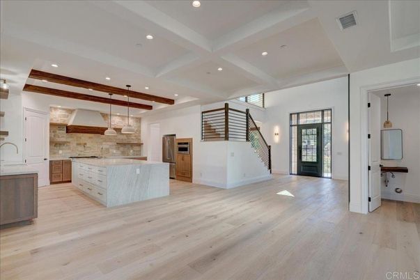 Interior, Kitchen, Pendant Lights, Recessed Lighting, Stainless Steel Appliances, Wooden Beams, Wood Texture Flooring