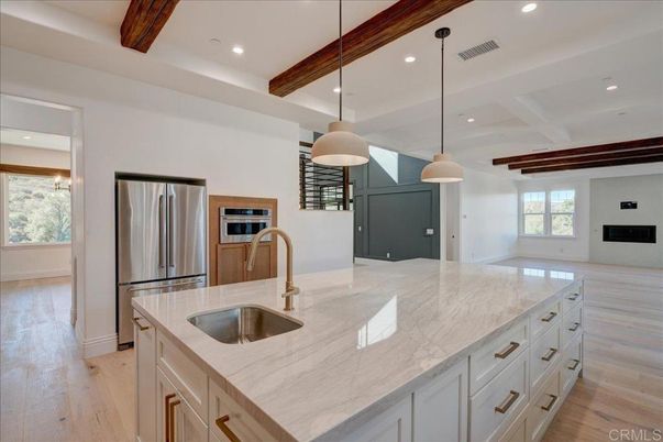 Interior, Kitchen, Pendant Lights, Recessed Lighting, Stainless Steel Appliances, Wooden Beams, Wood Texture Flooring