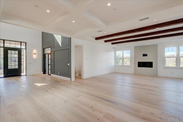 Empty room, Fireplace, Interior, Recessed Lighting, Wooden Beams, Wood Texture Flooring