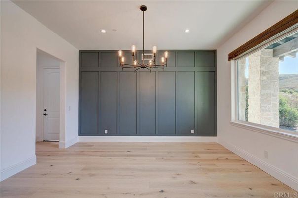 Chandelier, Empty room, Interior, Pendant Lights, Recessed Lighting, Wood Texture Flooring