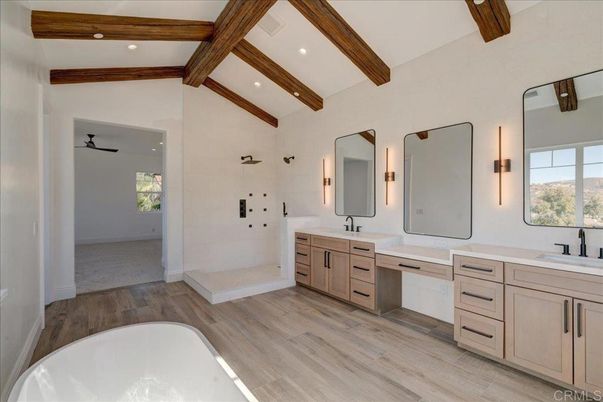 Bathroom, Dual Sink Vanities, Free Standing Baths, Interior, Recessed Lighting, Wooden Beams, Wood Texture Flooring