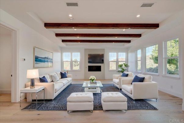 Fireplace, Interior, Living room, Recessed Lighting, Wooden Beams, Wood Texture Flooring