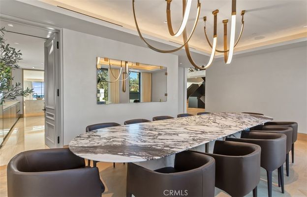 Dining room, Interior, Pendant Lights, Recessed Lighting, Wood Texture Flooring