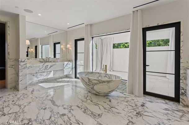 Bathroom, Free Standing Baths, Interior, Marble, Marble Walls, Recessed Lighting