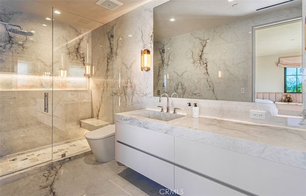 Bathroom, Glass Shower, Interior, Marble Walls, Recessed Lighting