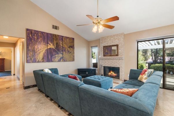 Fireplace, Interior, Living room, Recessed Lighting, Stone Walls