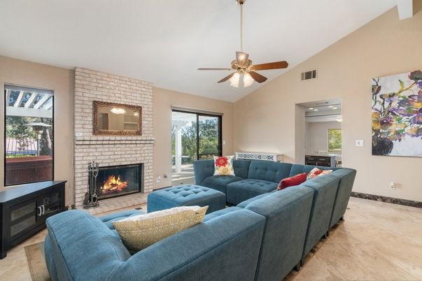 Fireplace, Interior, Living room, Recessed Lighting, Stone Walls