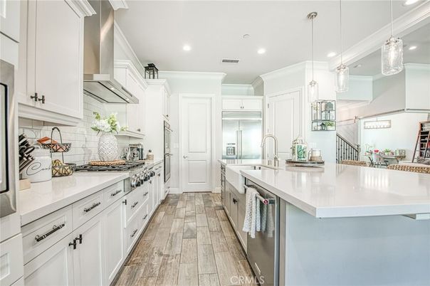 Interior, Kitchen, Pendant Lights, Recessed Lighting, Stainless Steel Appliances, Wood Texture Flooring