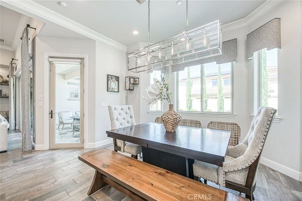 Dining room, Interior, Pendant Lights, Recessed Lighting, Wood Texture Flooring