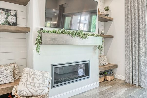 Fireplace, Interior, Recessed Lighting, Wood Texture Flooring