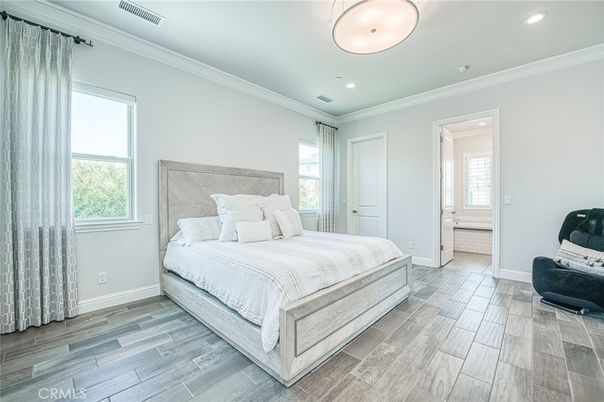 Bedroom, Interior, Recessed Lighting, Wood Texture Flooring