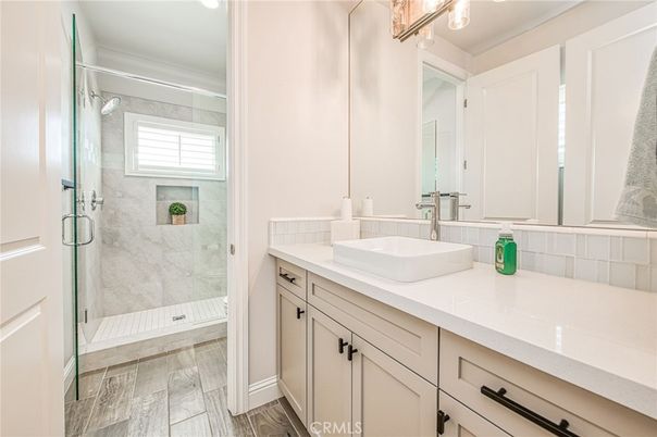 Bathroom, Glass Shower, Interior, Marble Walls, Wood Texture Flooring