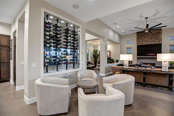 Fireplace, Interior, Living room, Recessed Lighting, Stone Walls, Wine Storage